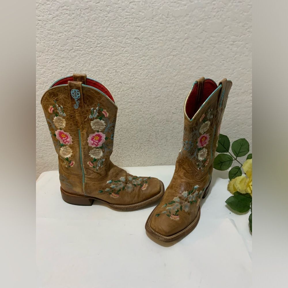Macie Bean Boots Girls SZ 3 Floral Rose Garden Cowgirl Brown Leather